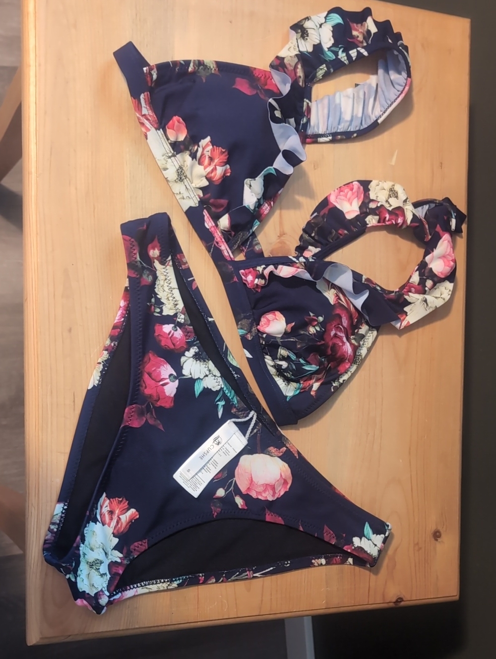 Cupshe Navy Floral Ruffle Bikini Set
